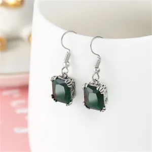 Green Crystal & Silver-Plated Princess-Cut Drop Earrings