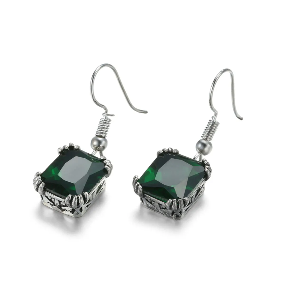 Green Crystal & Silver-Plated Princess-Cut Drop Earrings