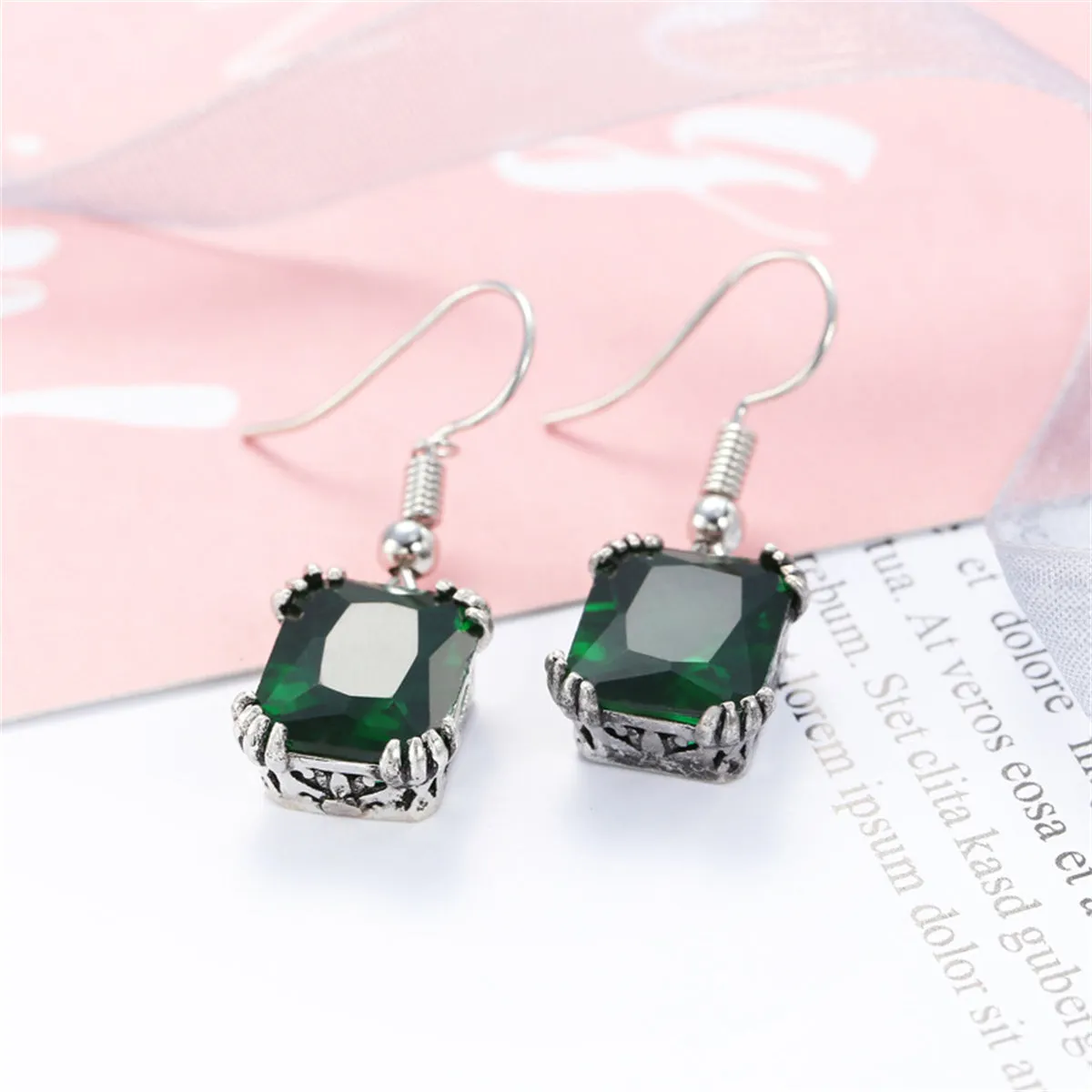 Green Crystal & Silver-Plated Princess-Cut Drop Earrings