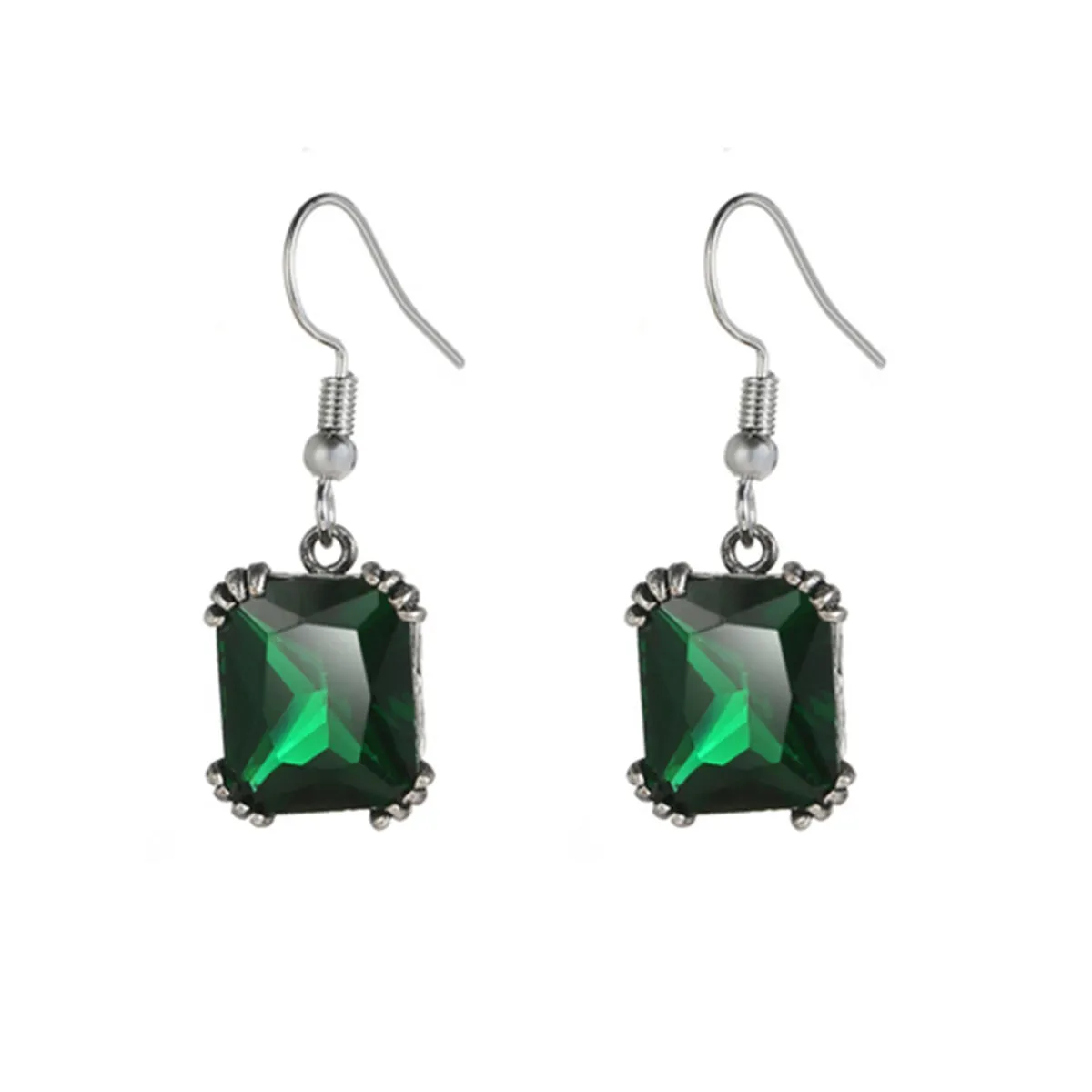 Green Crystal & Silver-Plated Princess-Cut Drop Earrings