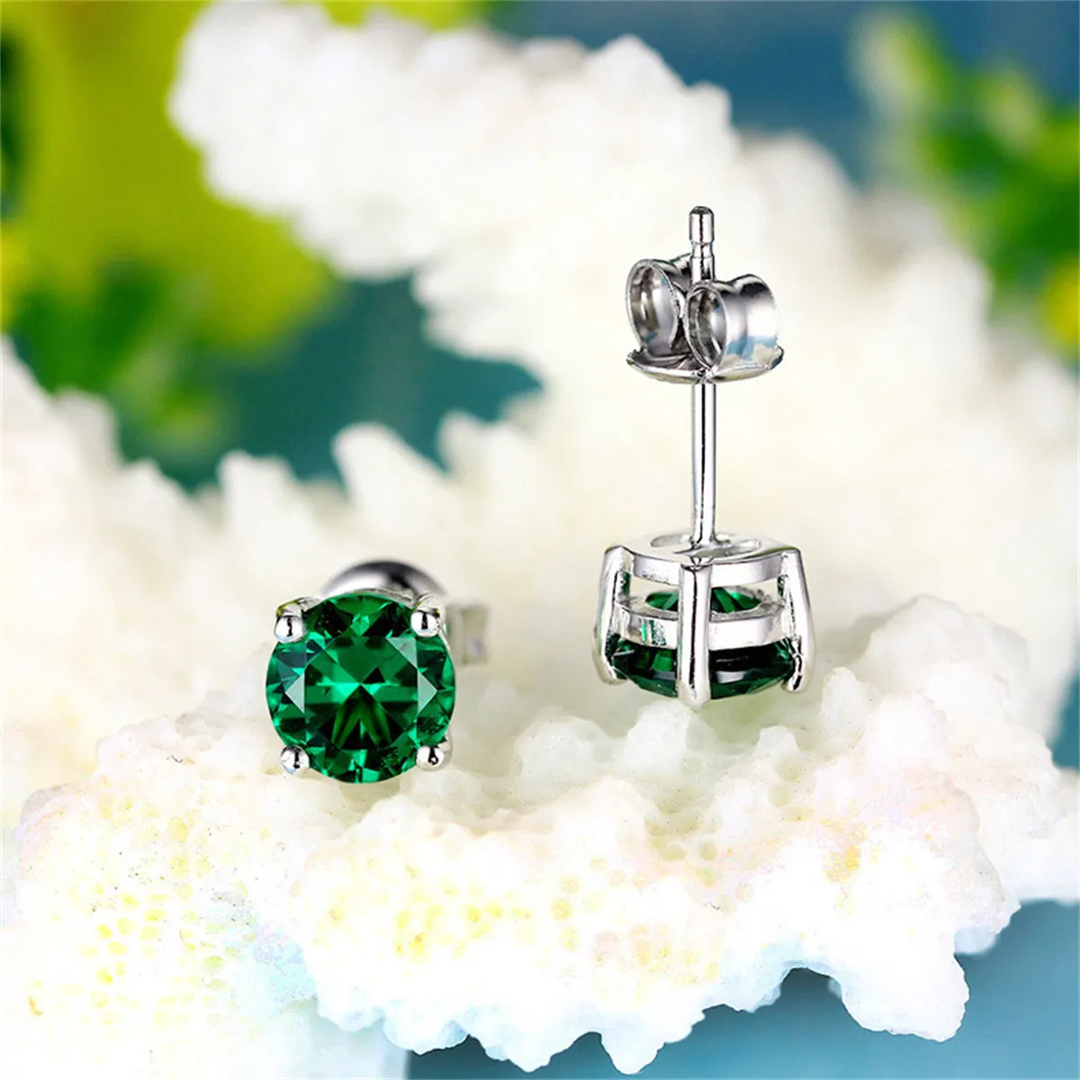 Green Crystal & Silver-Plated Round Stud Earring