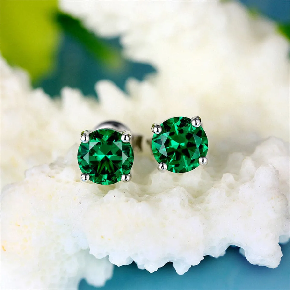 Green Crystal & Silver-Plated Round Stud Earring