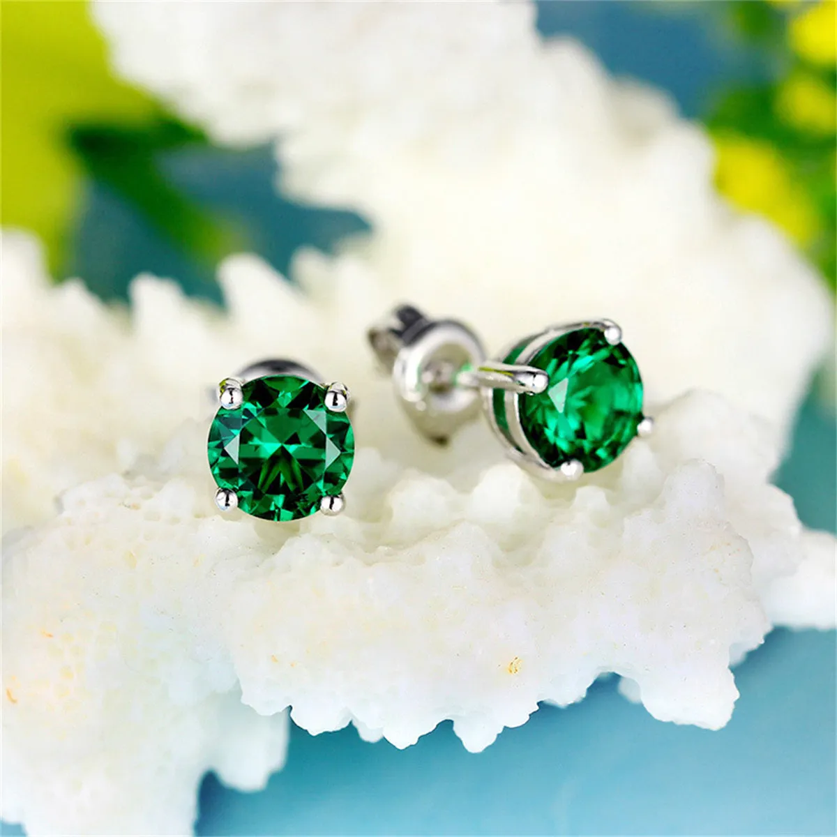 Green Crystal & Silver-Plated Round Stud Earring