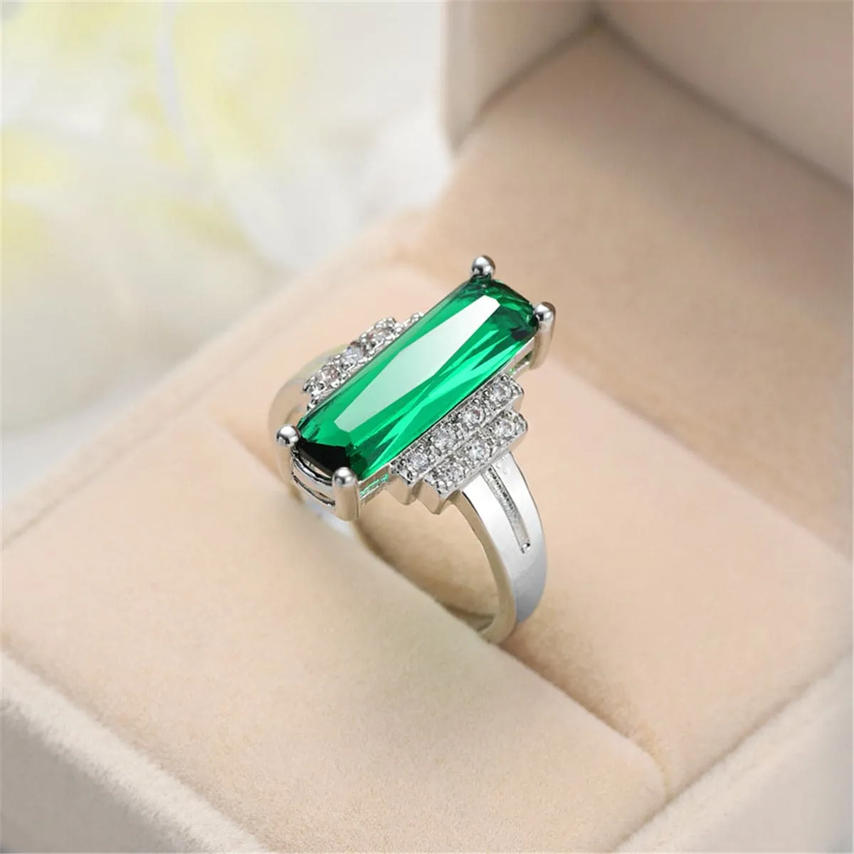 Green Cubic Zirconia & Crystal Baguette-Cut Ring