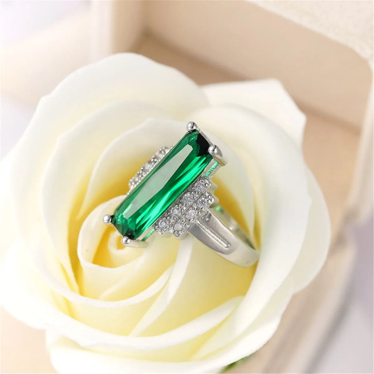 Green Cubic Zirconia & Crystal Baguette-Cut Ring
