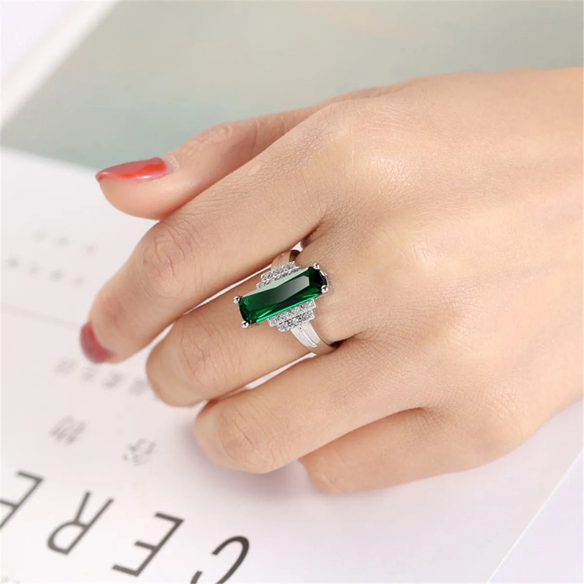 Green Cubic Zirconia & Crystal Baguette-Cut Ring