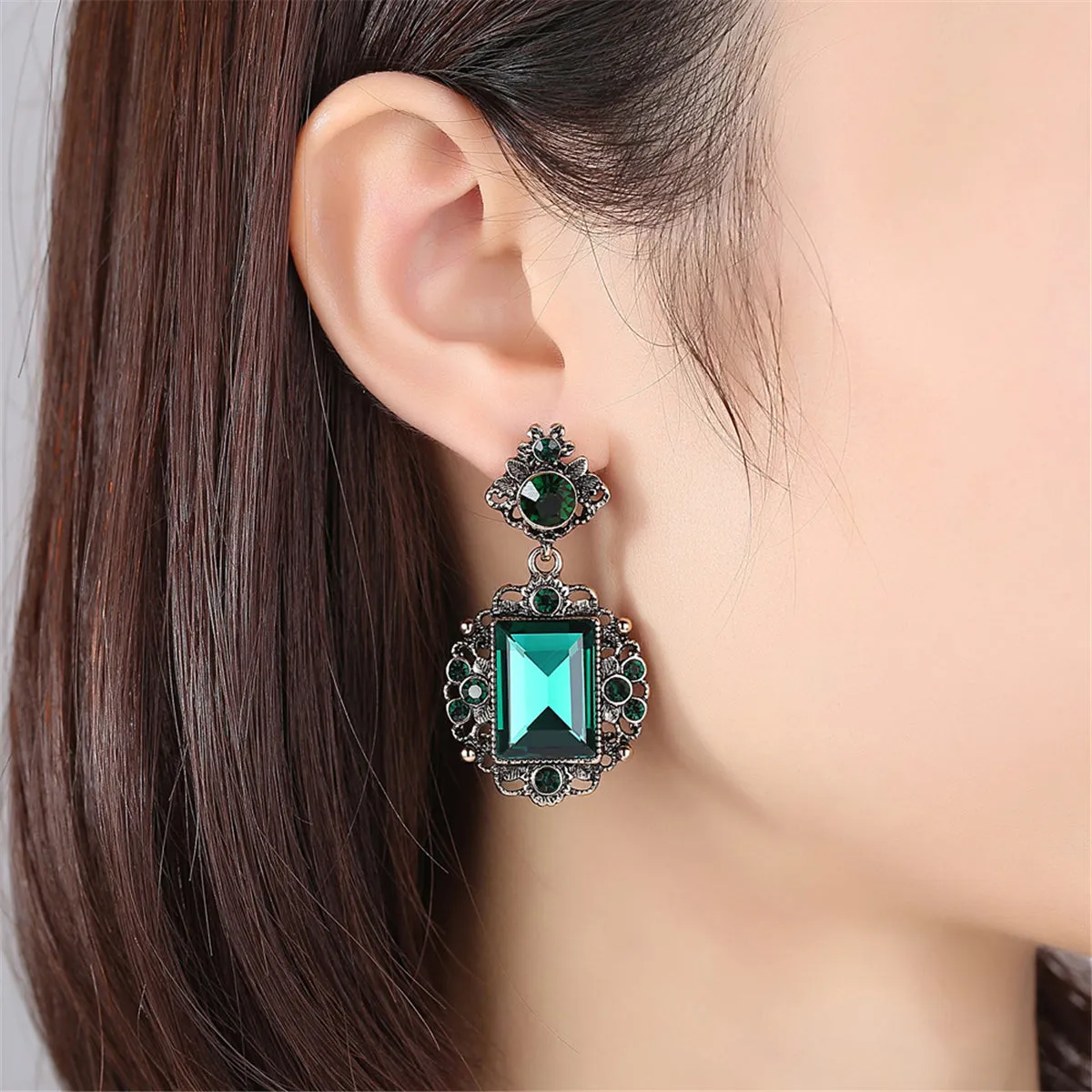 Green Cubic Zirconia & Crystal Floral Drop Earrings