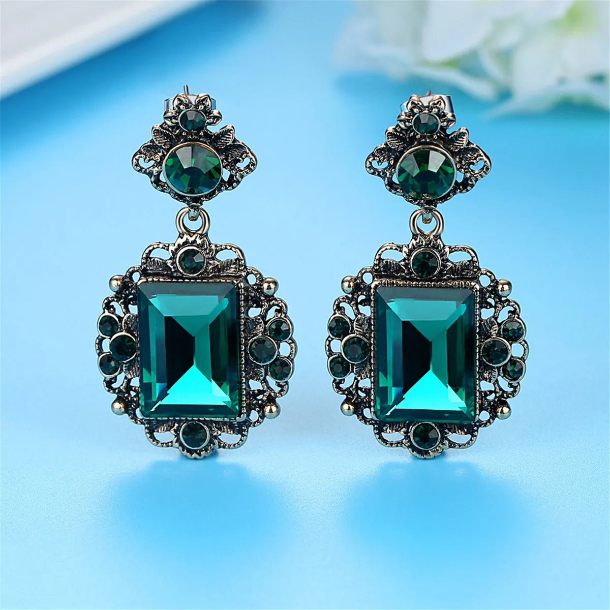 Green Cubic Zirconia & Crystal Floral Drop Earrings
