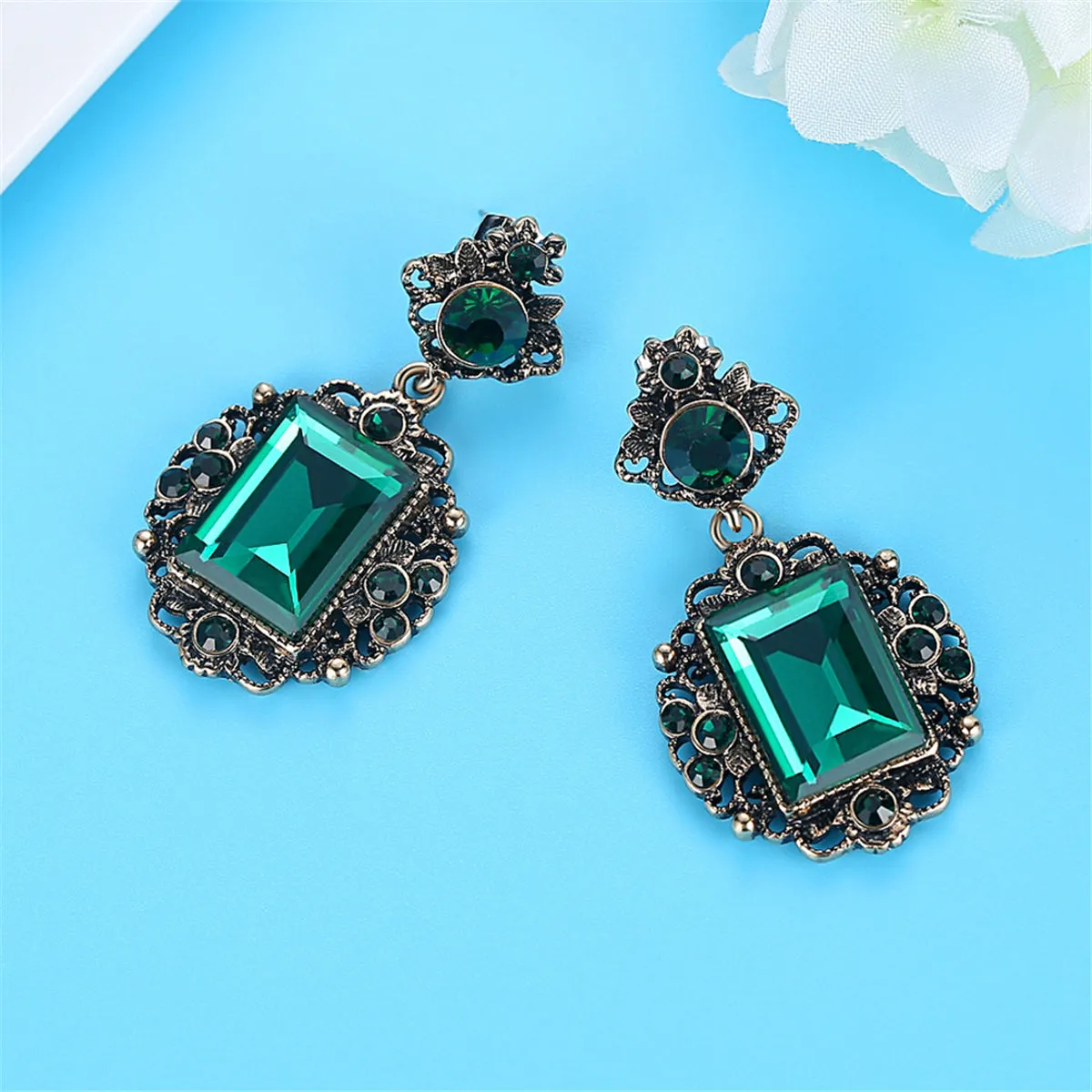 Green Cubic Zirconia & Crystal Floral Drop Earrings