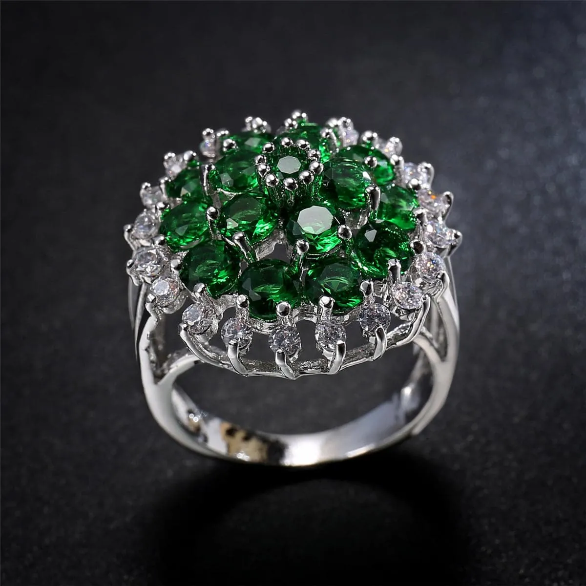 Green Cubic Zirconia & Crystal Sunflower Ring