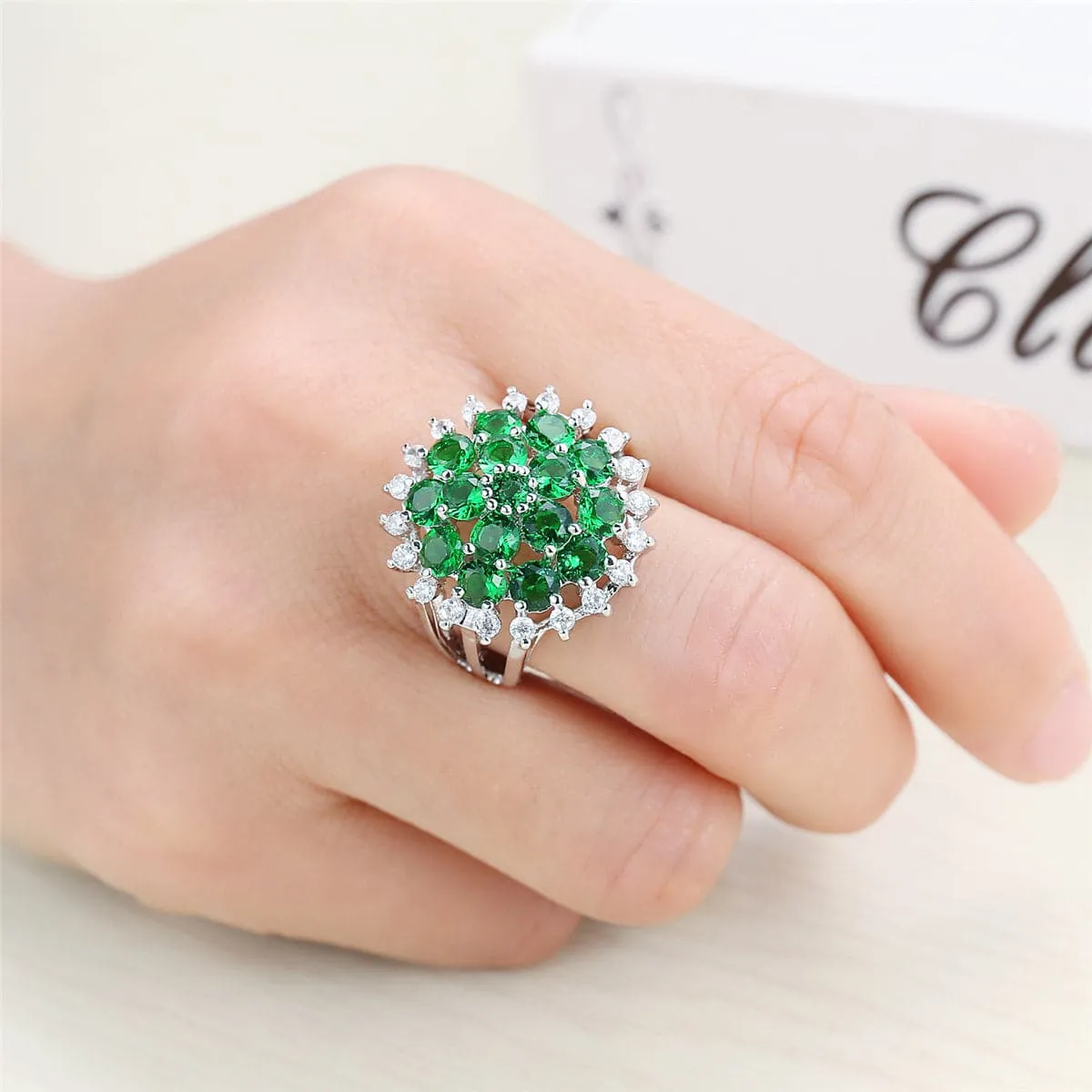 Green Cubic Zirconia & Crystal Sunflower Ring