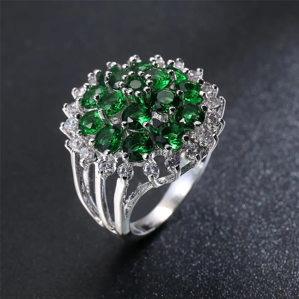 Green Cubic Zirconia & Crystal Sunflower Ring