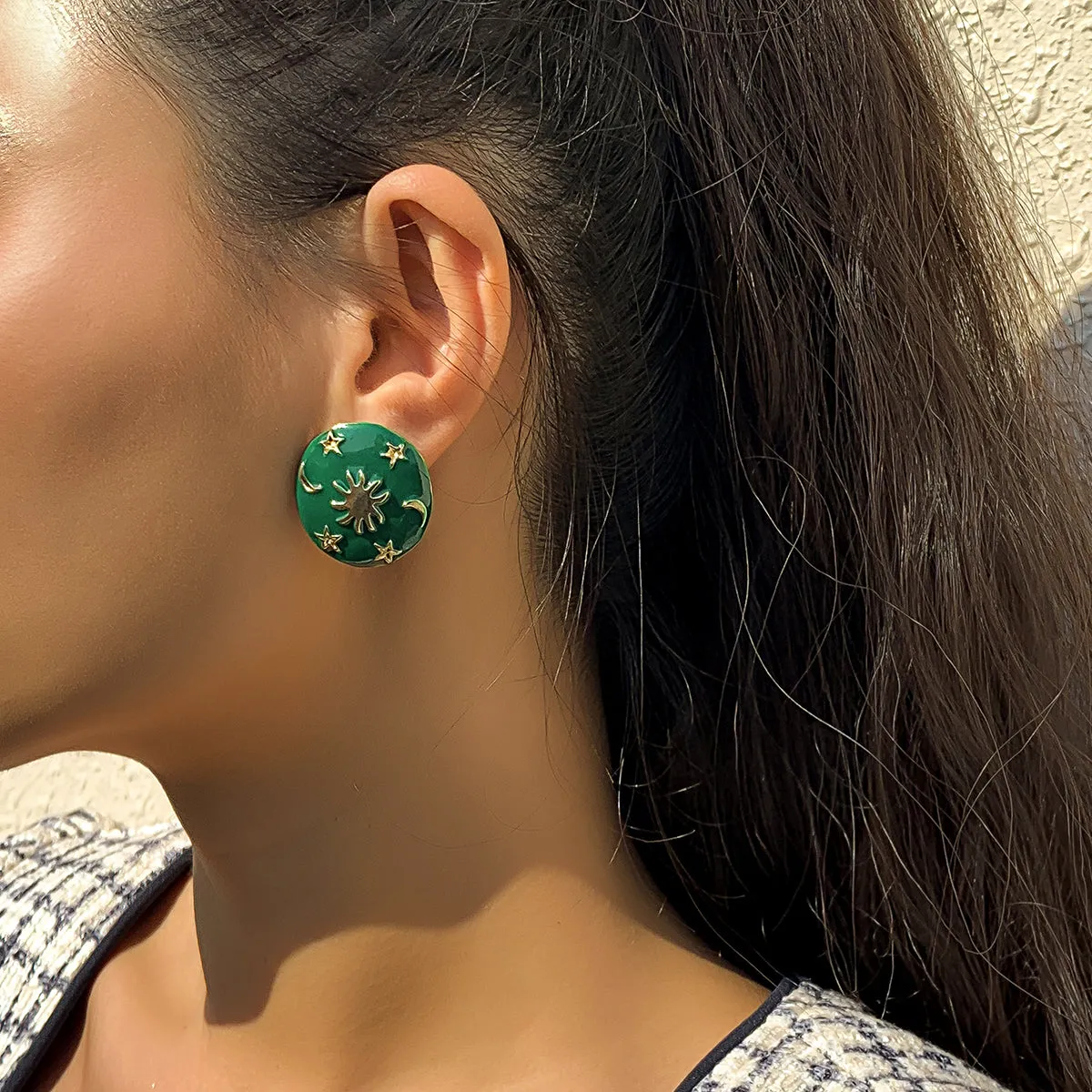 Green Enamel & 18K Gold-Plated Celestial Oval Stud Earrings