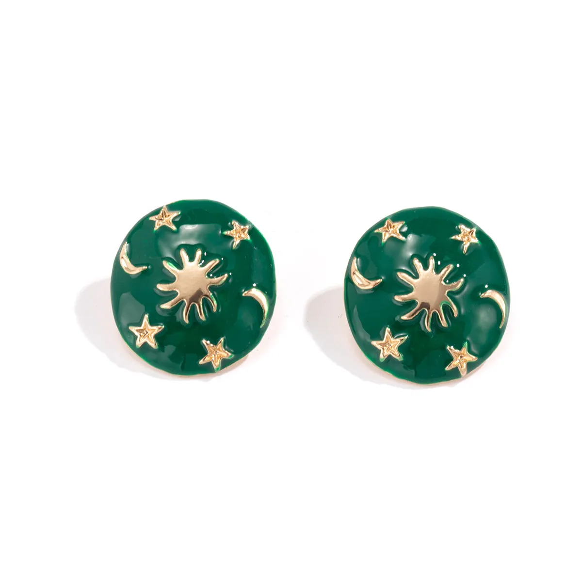 Green Enamel & 18K Gold-Plated Celestial Oval Stud Earrings