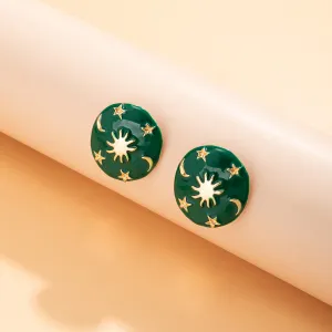 Green Enamel & 18K Gold-Plated Celestial Oval Stud Earrings