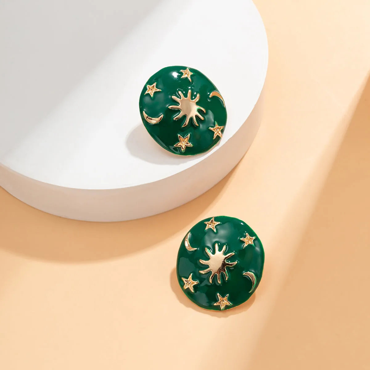Green Enamel & 18K Gold-Plated Celestial Oval Stud Earrings