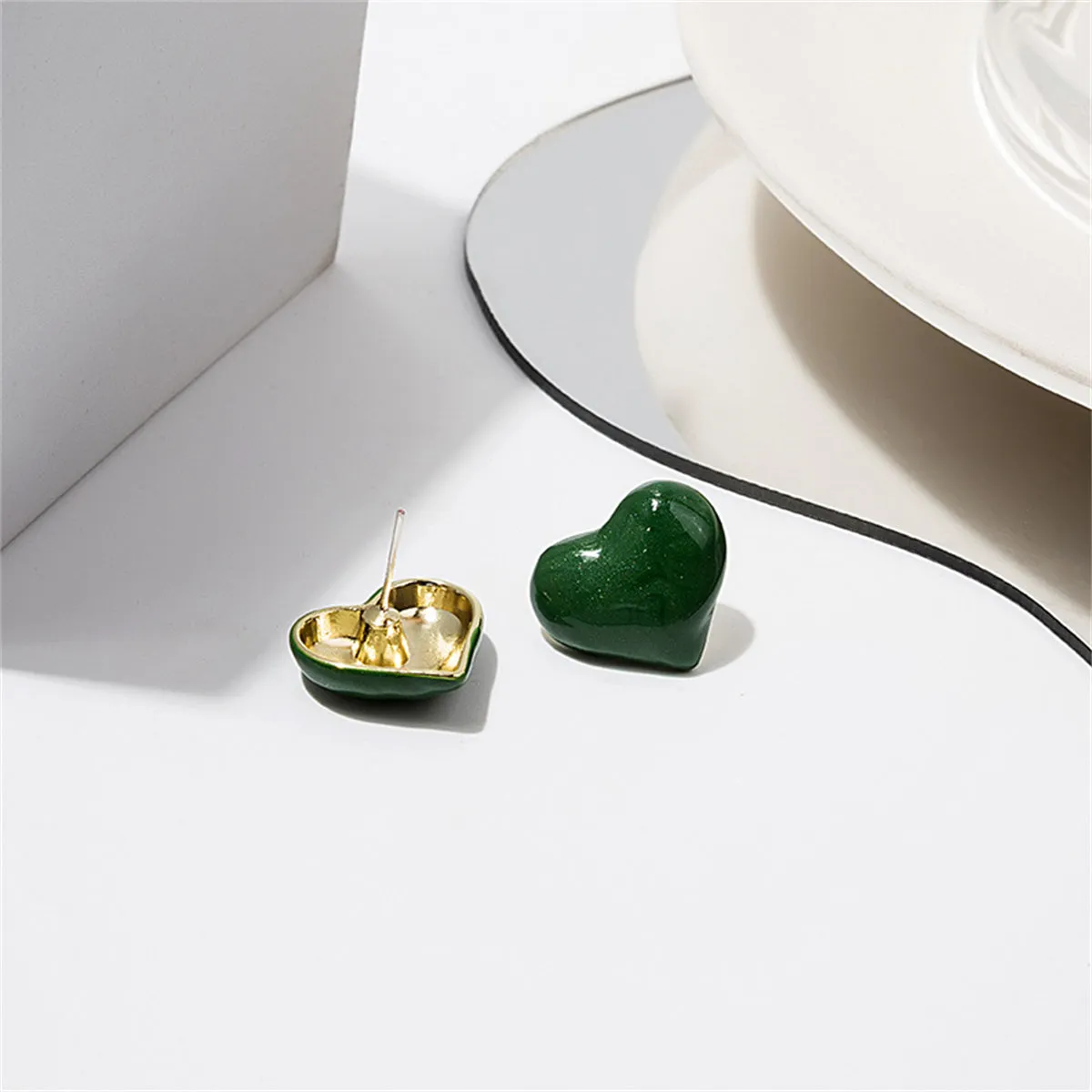 Green Enamel & 18K Gold-Plated Heart Stud Earrings