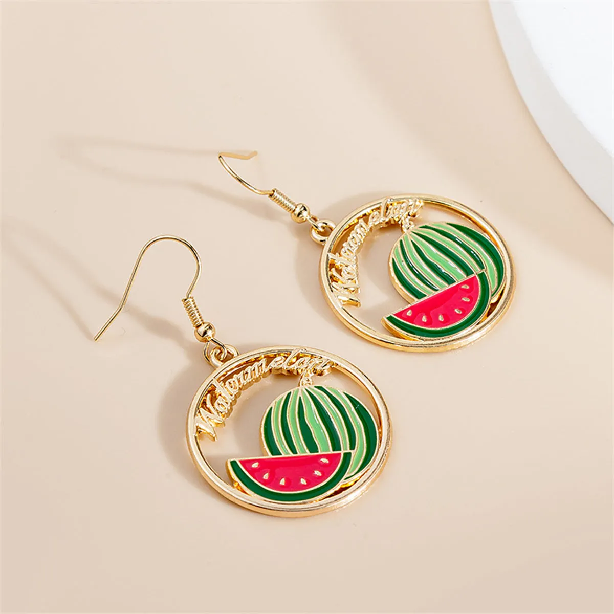 Green Enamel & 18K Gold-Plated Watermelon Circle Drop Earrings