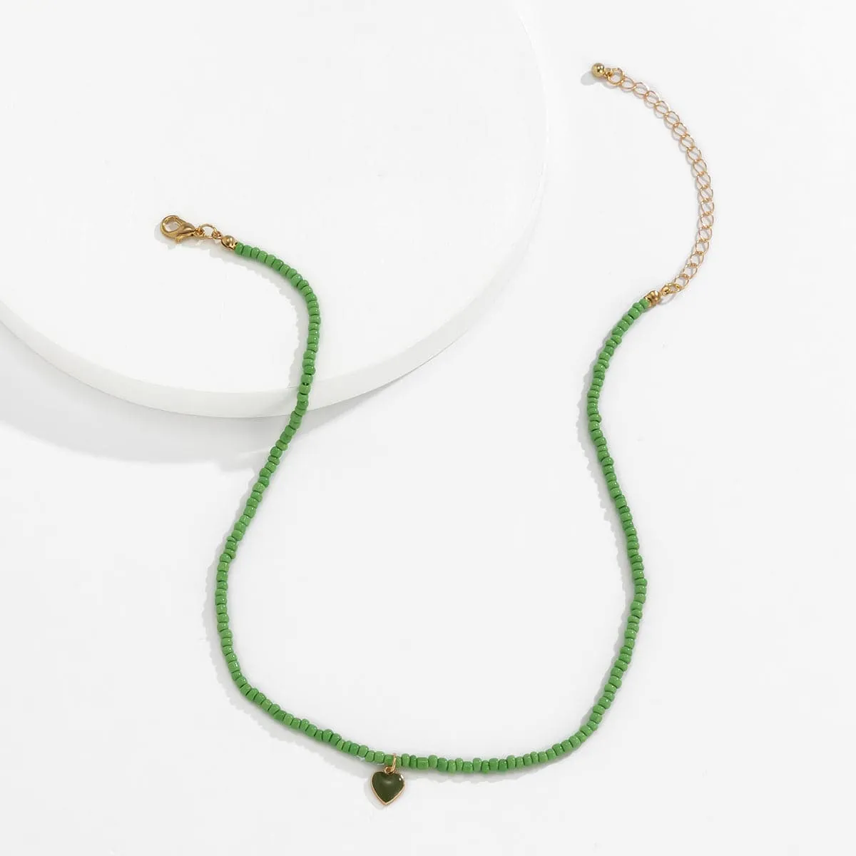 Green Howlite & Green Enamel Beaded Heart Pendant Necklace