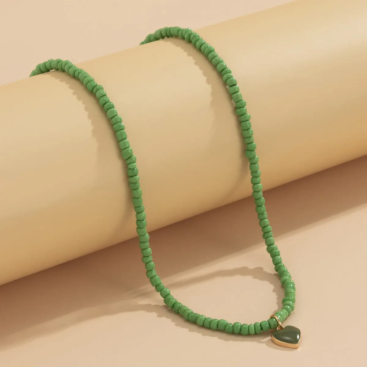Green Howlite & Green Enamel Beaded Heart Pendant Necklace