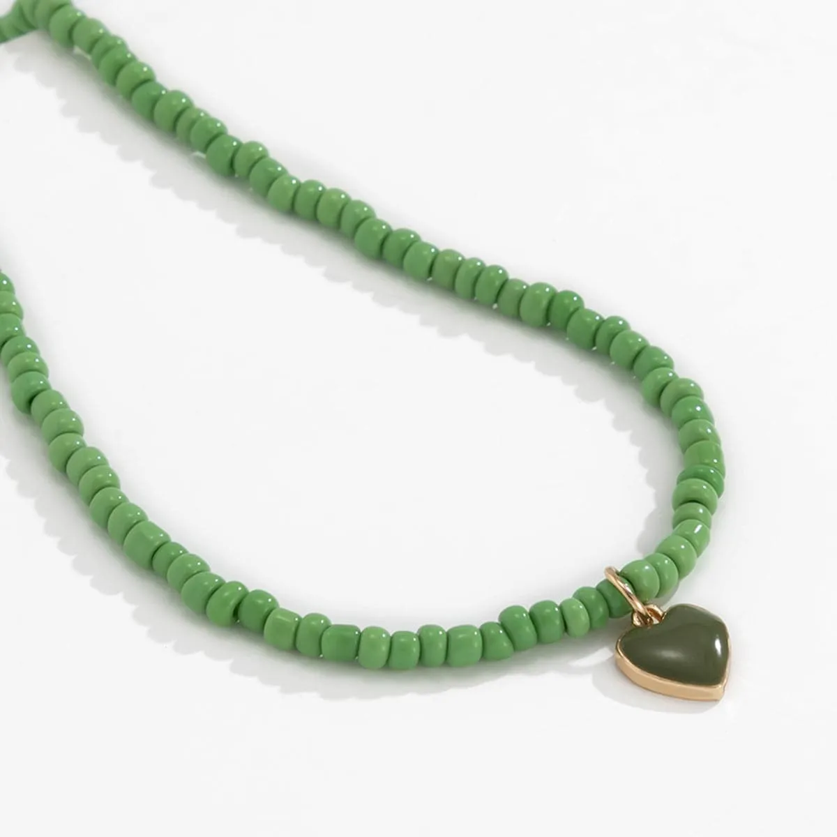 Green Howlite & Green Enamel Beaded Heart Pendant Necklace