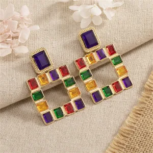 Green Multicolor Crystal & 18K Gold-Plated Square Drop Earrings