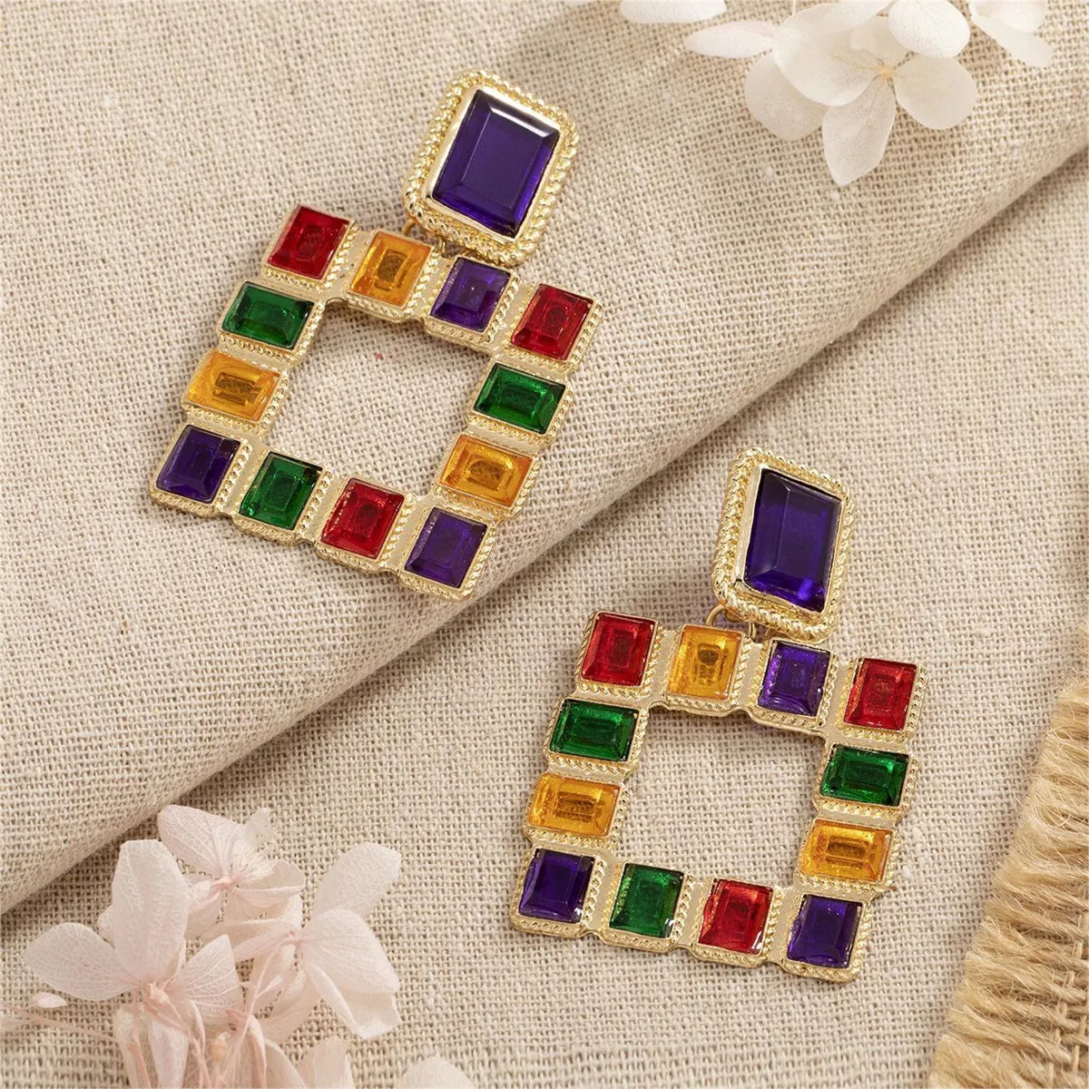 Green Multicolor Crystal & 18K Gold-Plated Square Drop Earrings