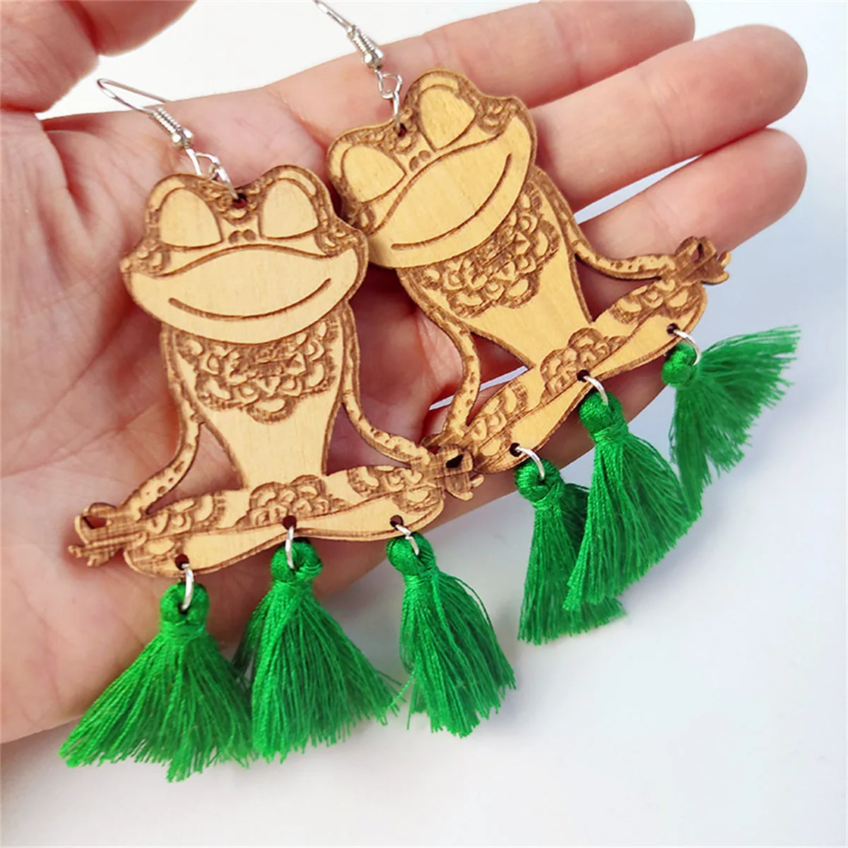 Green Polyester & Wood Frog Tassel Drop Earrings
