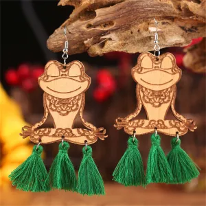 Green Polyester & Wood Frog Tassel Drop Earrings