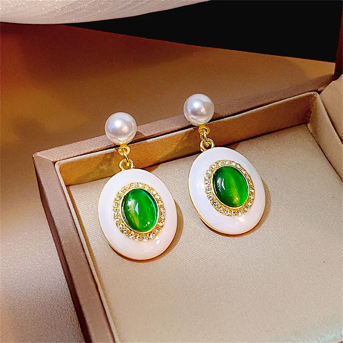 Green Quartz & Pearl 18K Gold-Plated Oval Drop Earrings