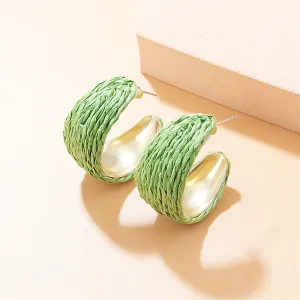 Green Raffia & 18K Gold-Plated Huggie Earrings