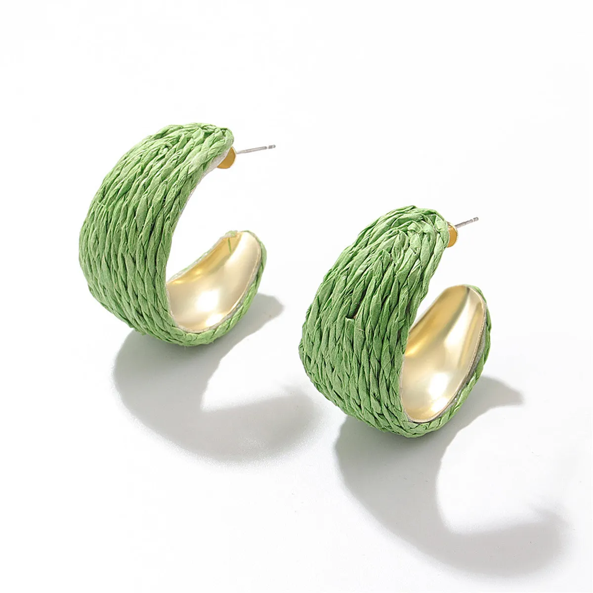 Green Raffia & 18K Gold-Plated Huggie Earrings