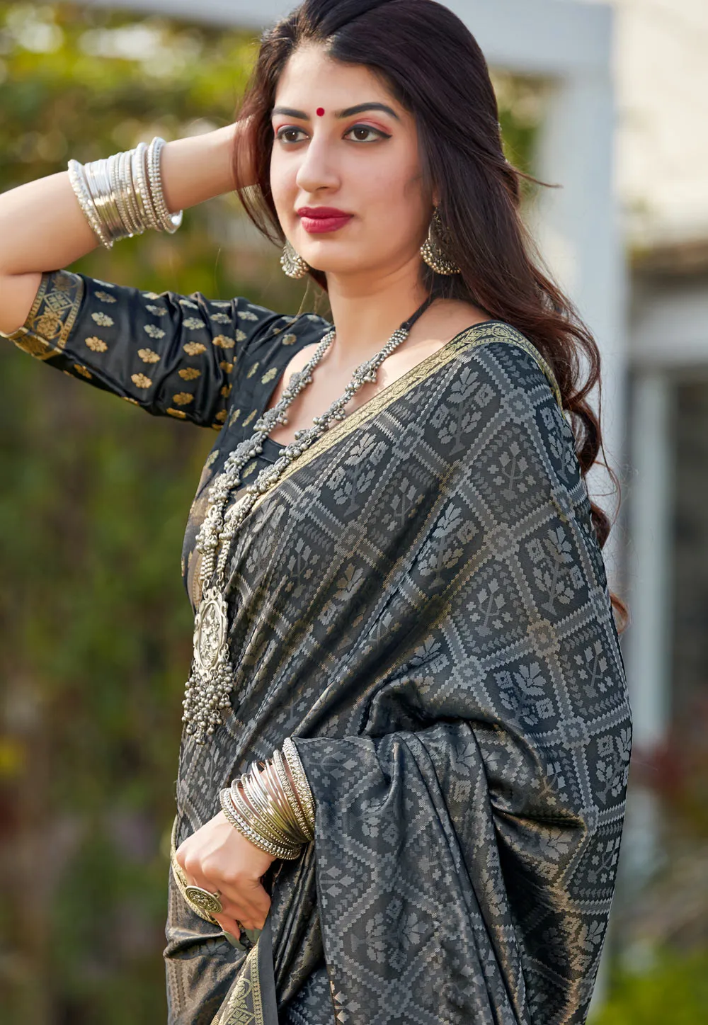 Grey Indian Banarasi Silk Saree