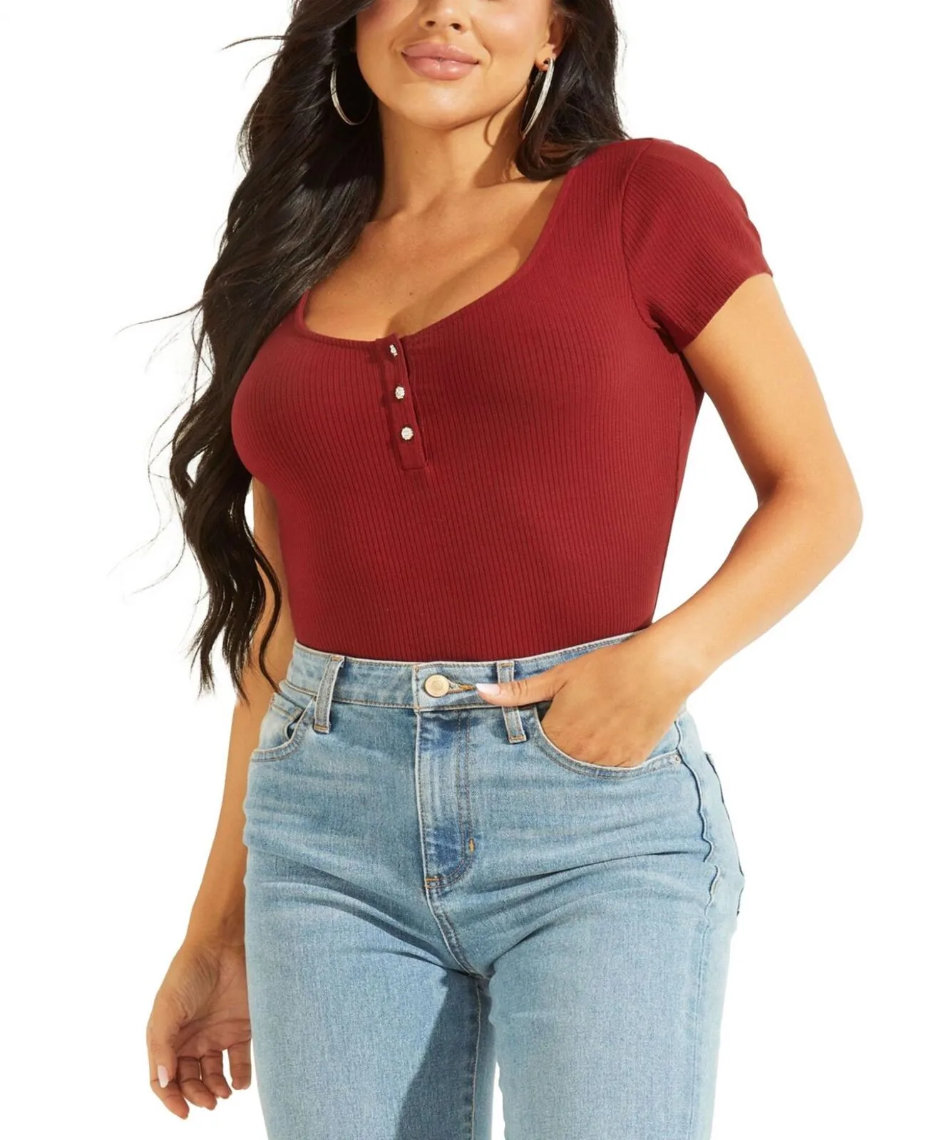 Guess Women's Karlee Jewel-Button Ribbed Henley Top W2YP24KBCO2 Red S