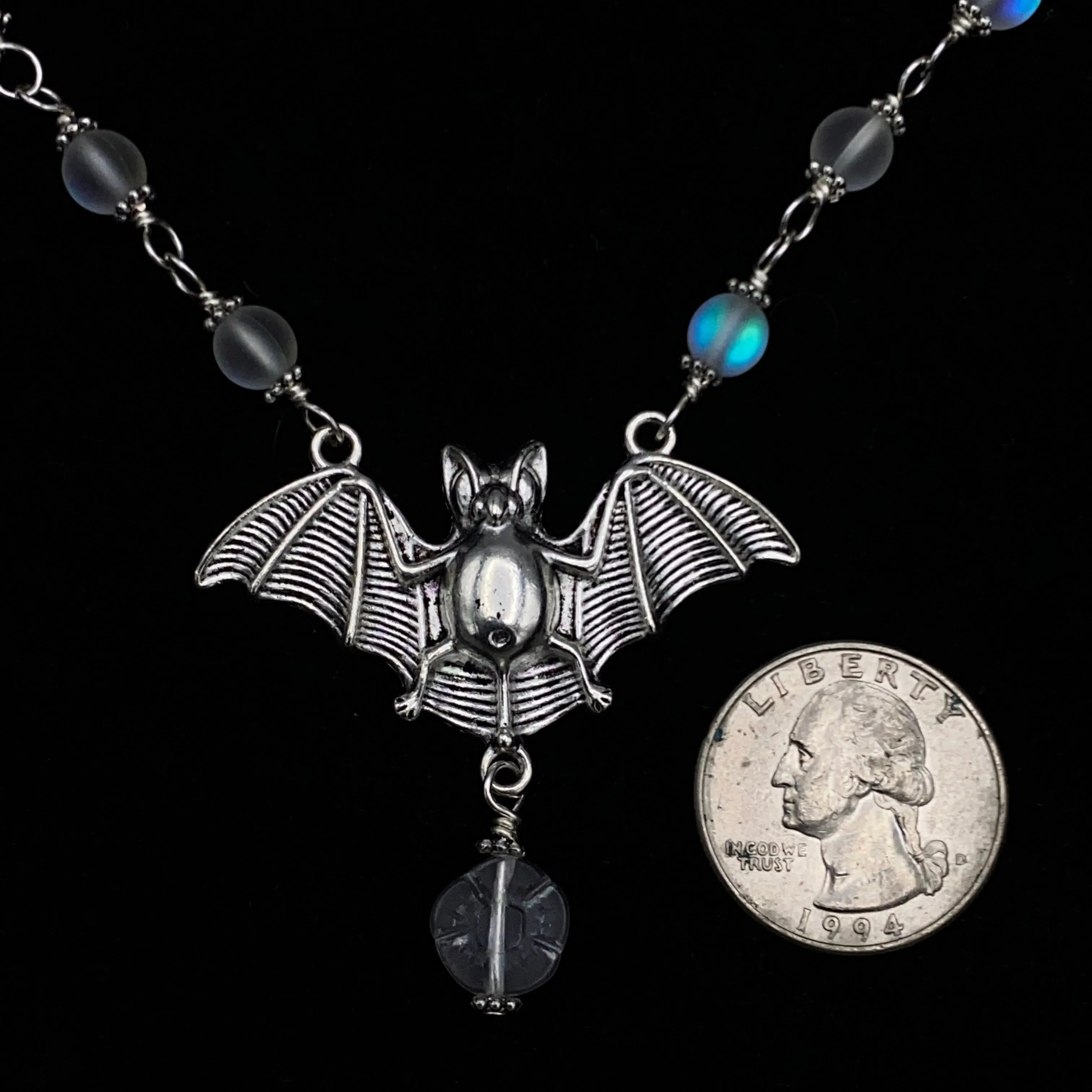 Halloween Bat with Quartz gemstone crystal Necklace