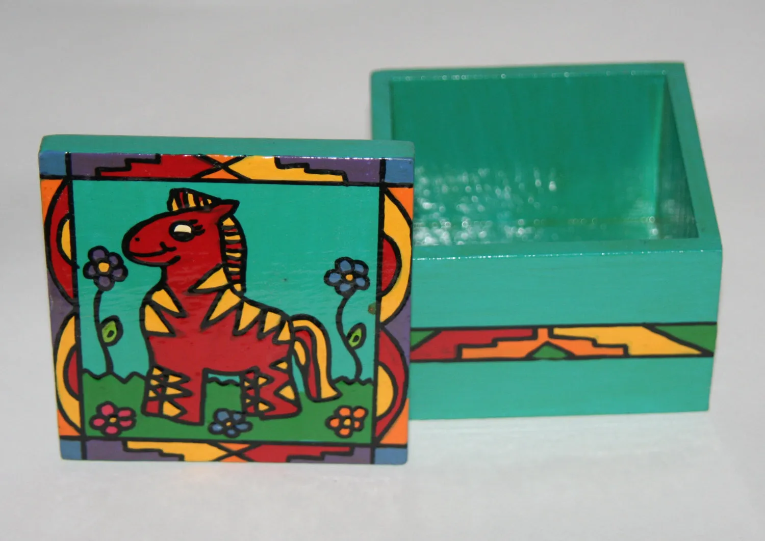 Happy Red Zebra Wood Box Vibrant Colors African Folk Art 4"W X 4"D X 3"H