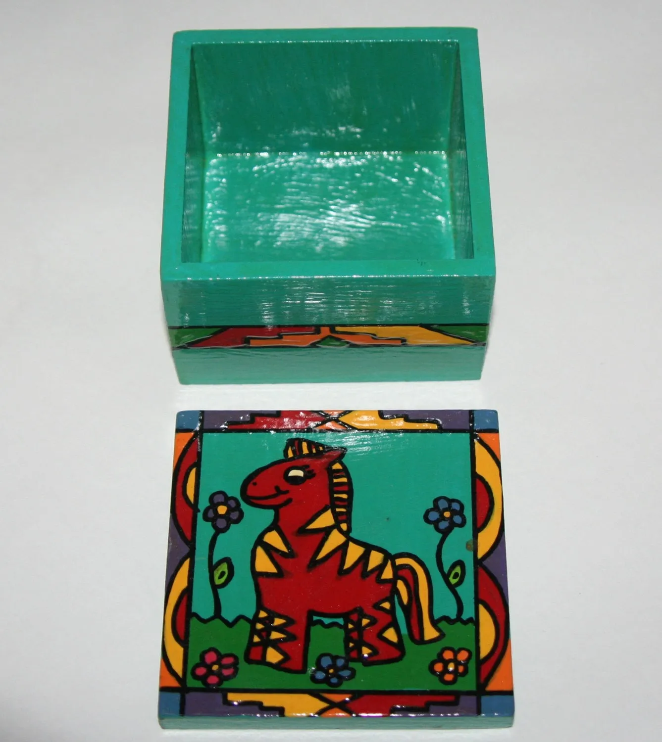 Happy Red Zebra Wood Box Vibrant Colors African Folk Art 4"W X 4"D X 3"H