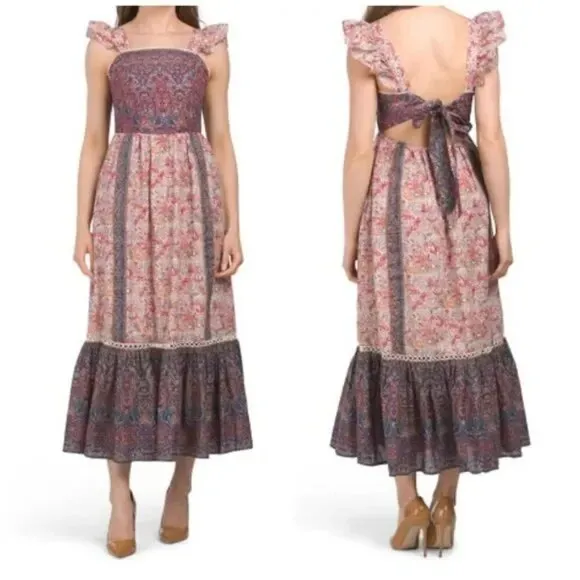 HAUTE HIPPIE Paisley Flutter Sleeve Tiered Ruffle Boho Maxi Dress Sz 6 NWOT