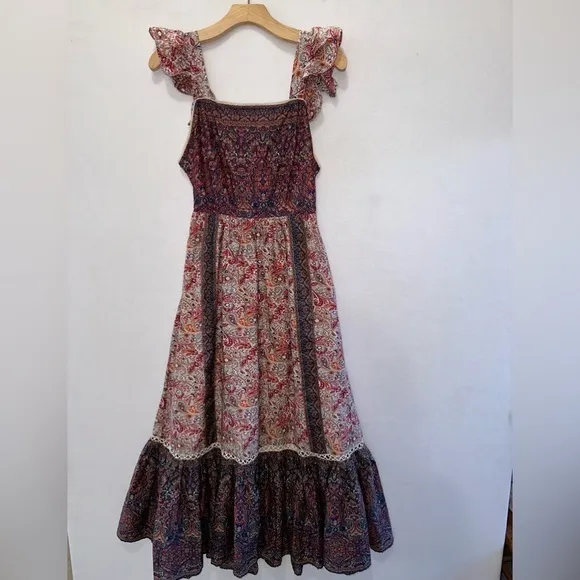 HAUTE HIPPIE Paisley Flutter Sleeve Tiered Ruffle Boho Maxi Dress Sz 6 NWOT