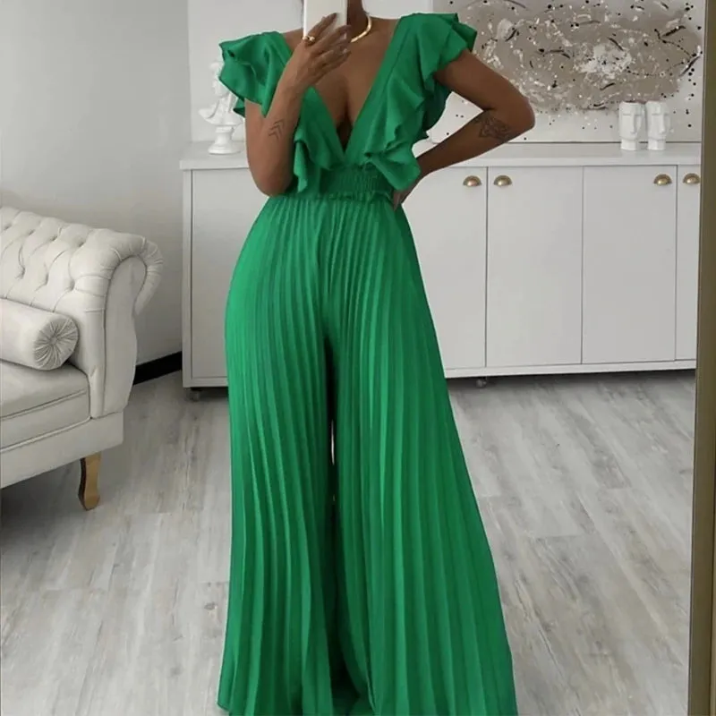High Street Ruffle Edge One Piece Jumpsuit Fashion Lady Solid Deep V-Neck Party Elegant Women's High Waist Pleat Pant Long Jumpsuit