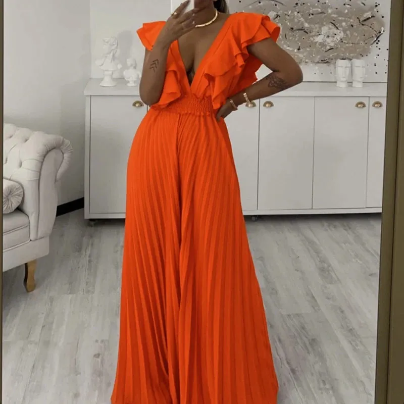 High Street Ruffle Edge One Piece Jumpsuit Fashion Lady Solid Deep V-Neck Party Elegant Women's High Waist Pleat Pant Long Jumpsuit