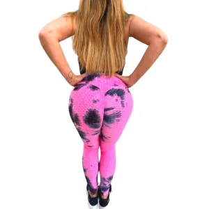 High Waist Tie Dye Butt Lifting Textured Workout Leggings (Pink/Black)