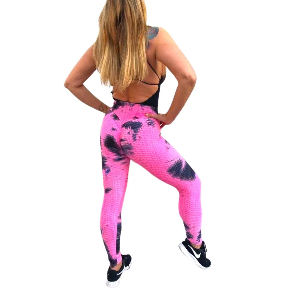 High Waist Tie Dye Butt Lifting Textured Workout Leggings (Pink/Black)