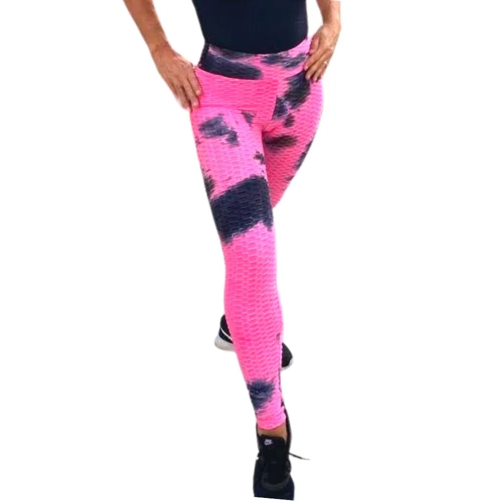 High Waist Tie Dye Butt Lifting Textured Workout Leggings (Pink/Black)