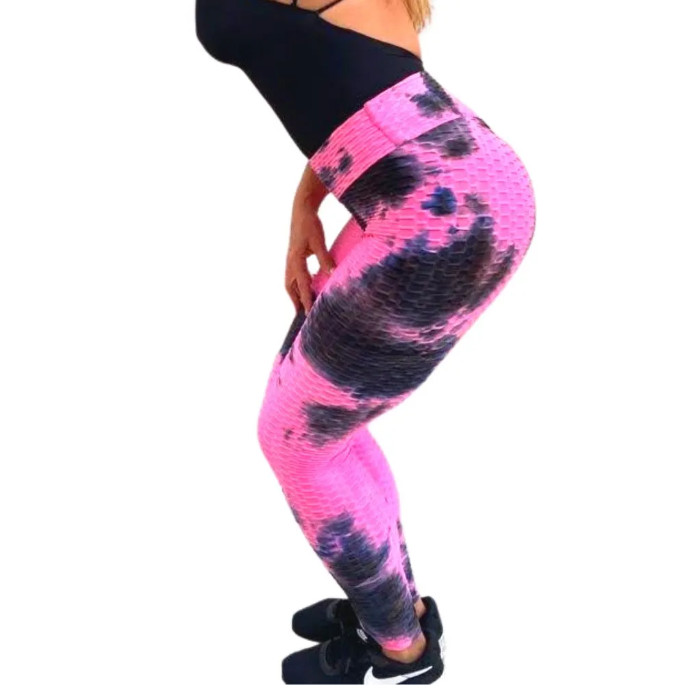 High Waist Tie Dye Butt Lifting Textured Workout Leggings (Pink/Black)