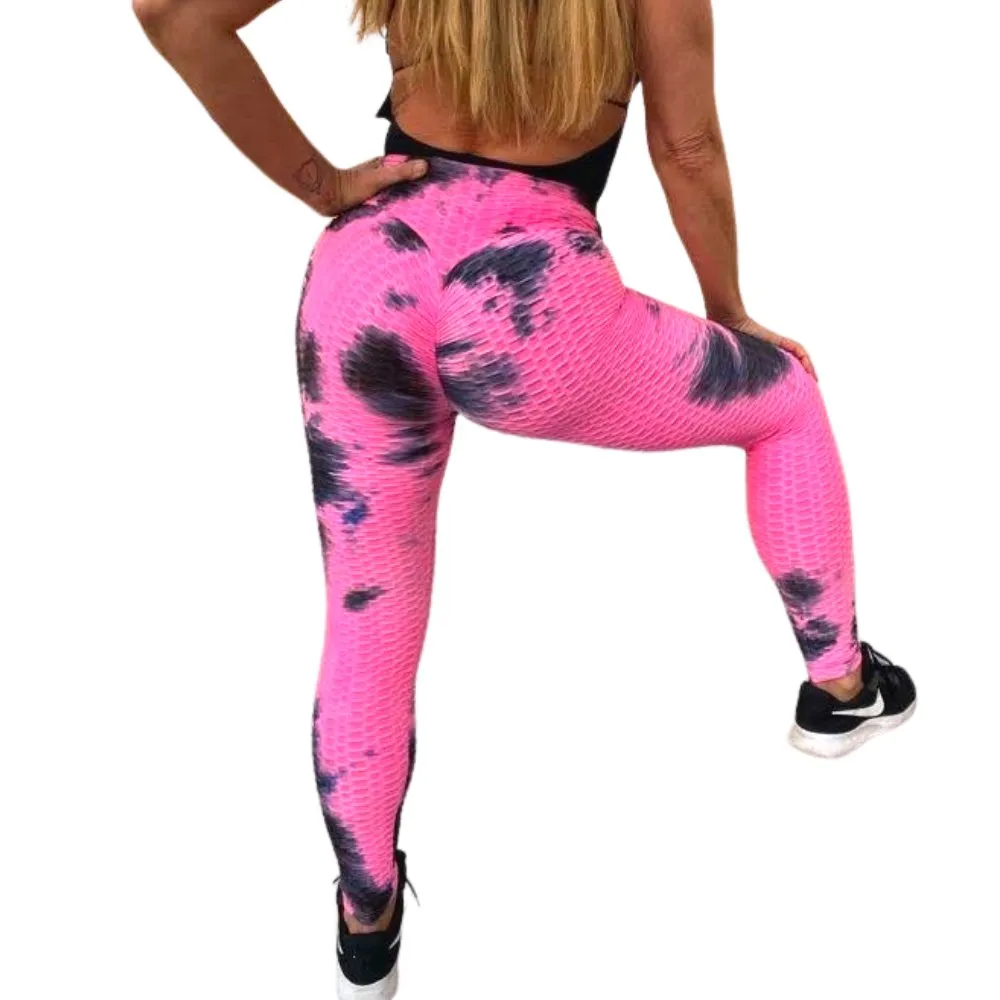 High Waist Tie Dye Butt Lifting Textured Workout Leggings (Pink/Black)