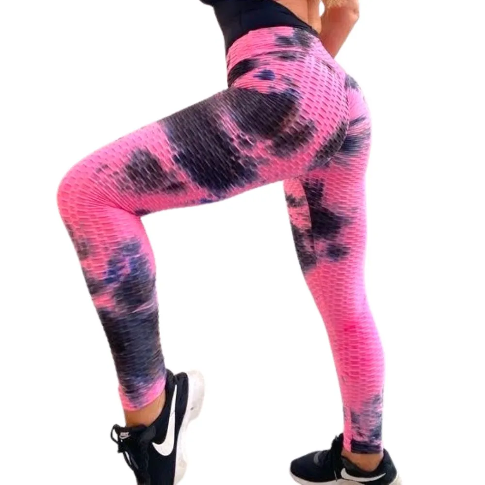High Waist Tie Dye Butt Lifting Textured Workout Leggings (Pink/Black)