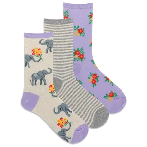 HOTSOX Women's Elephant Bouquet Crew Sock 3 Pack
