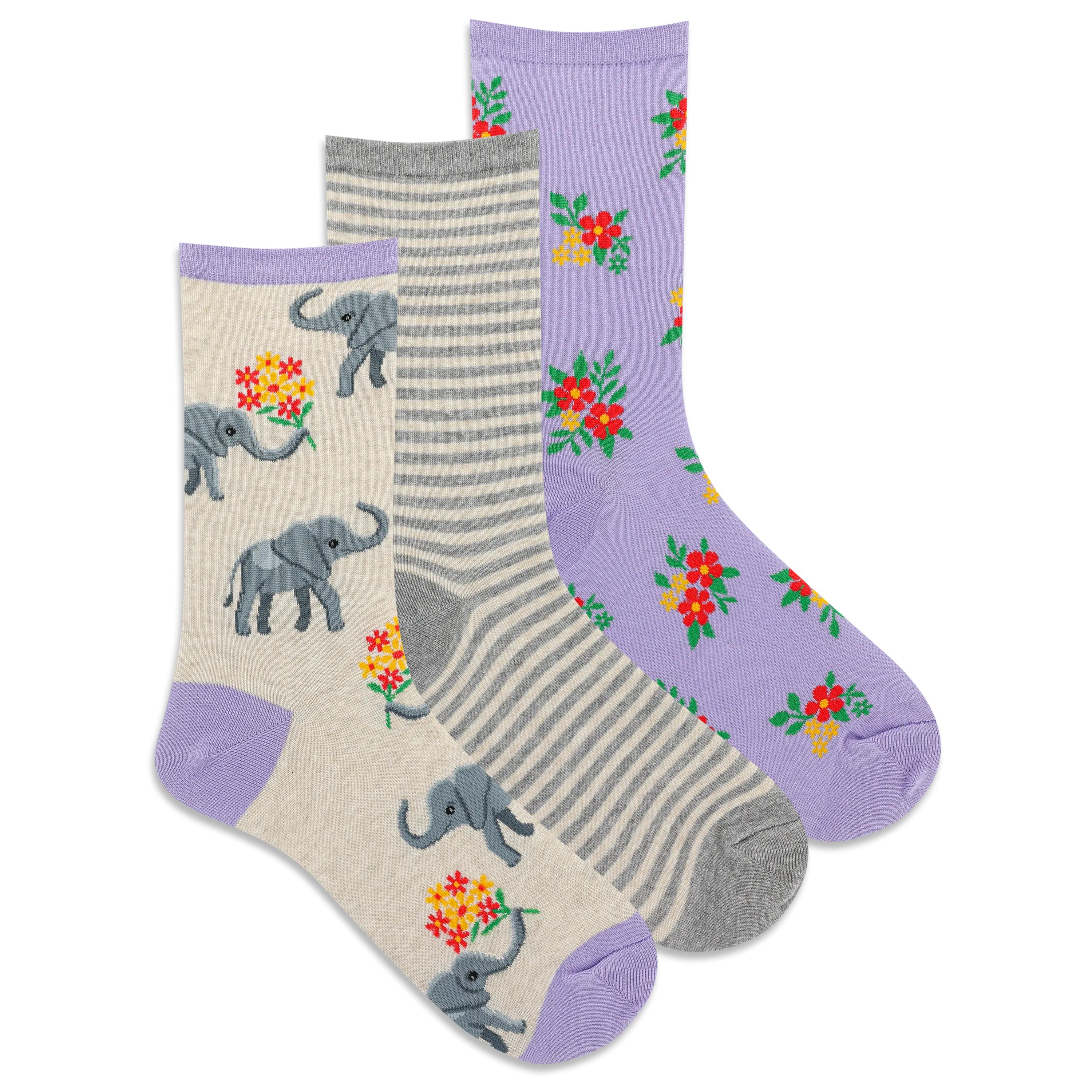 HOTSOX Women's Elephant Bouquet Crew Sock 3 Pack