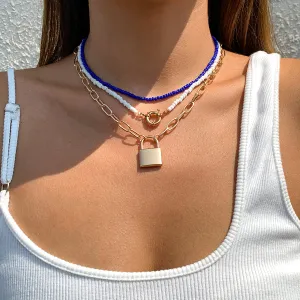 Howlite & 18K Gold-Plated Lock Pendant Necklace Set